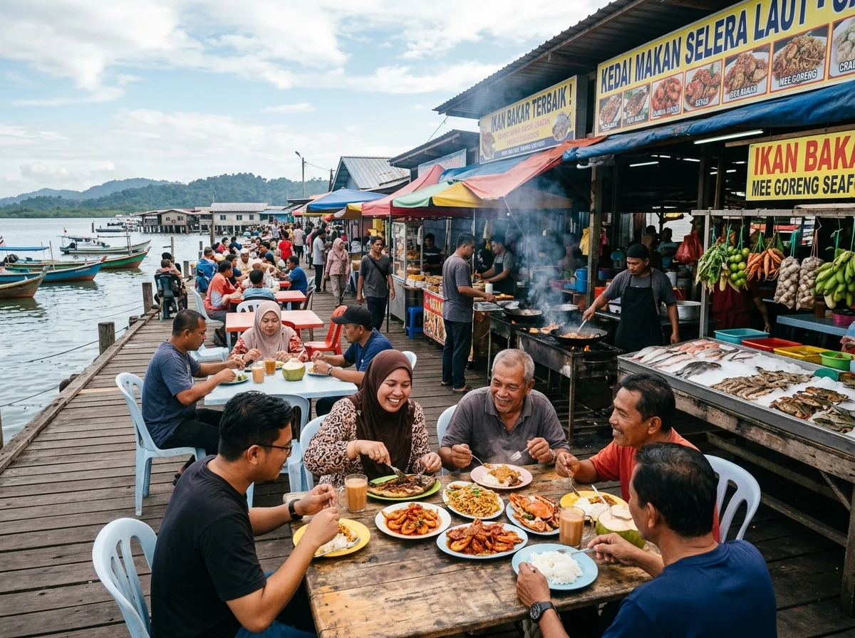 Gerai makanan di pasar dan waterfront Lahad Datu