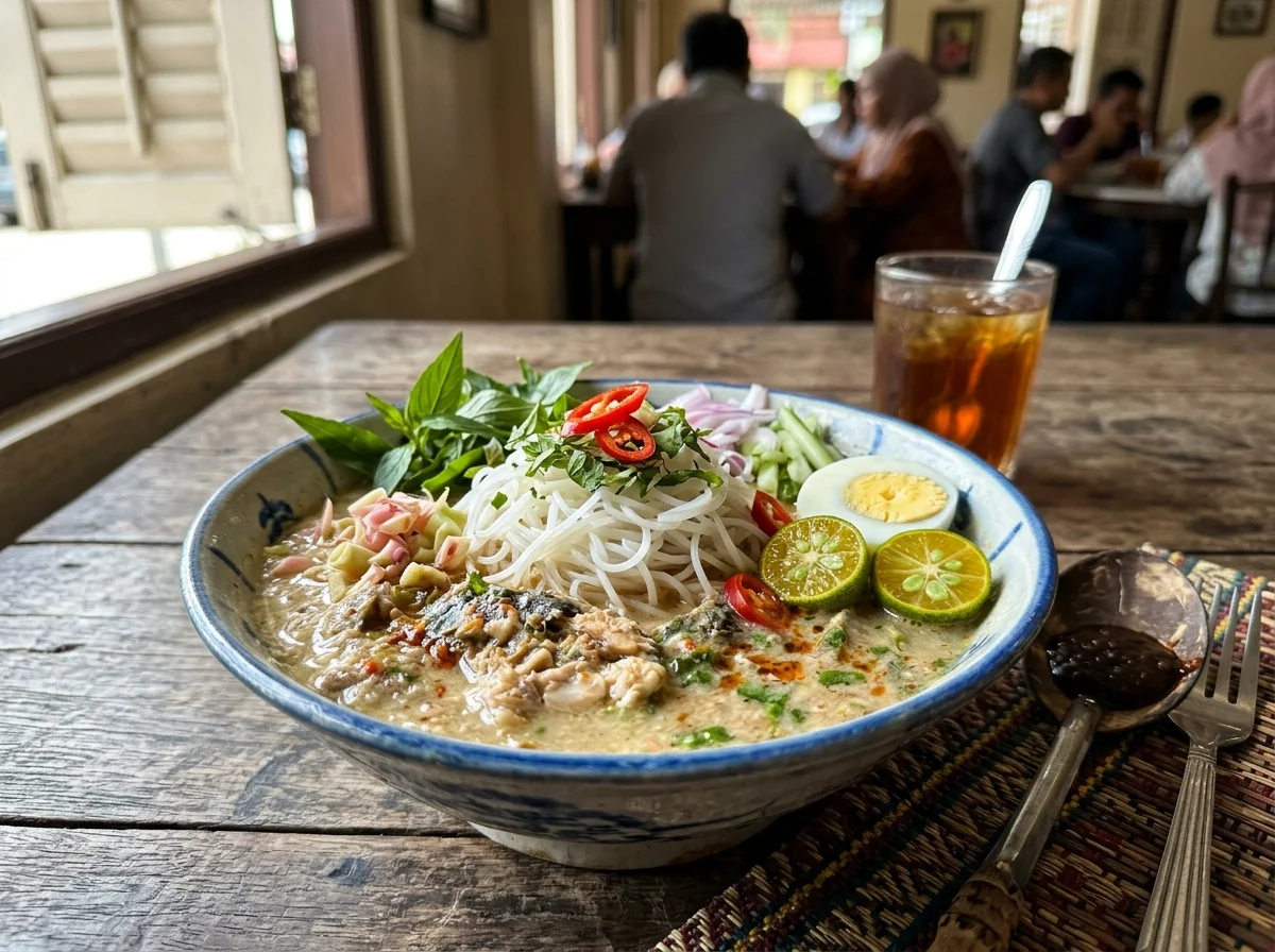 Semangkuk laksa Kedah dengan kuah ikan dan herba