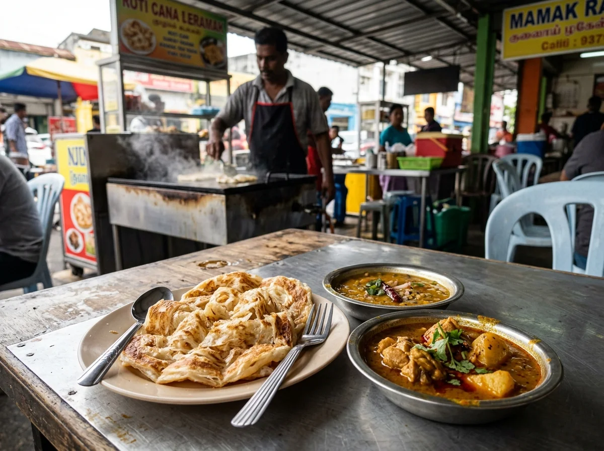 Roti canai dengan dhal dan kari di gerai mamak