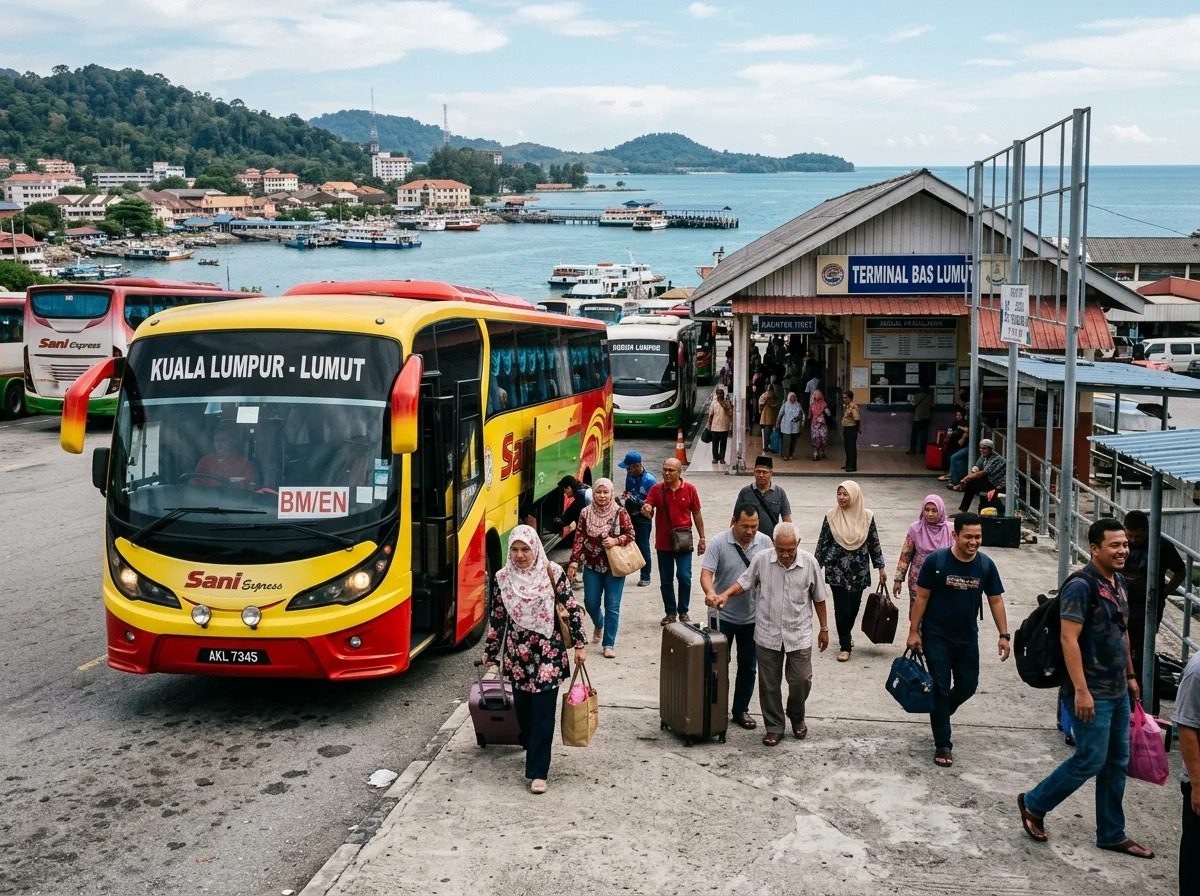 Bas ekspres tiba di terminal bas Lumut