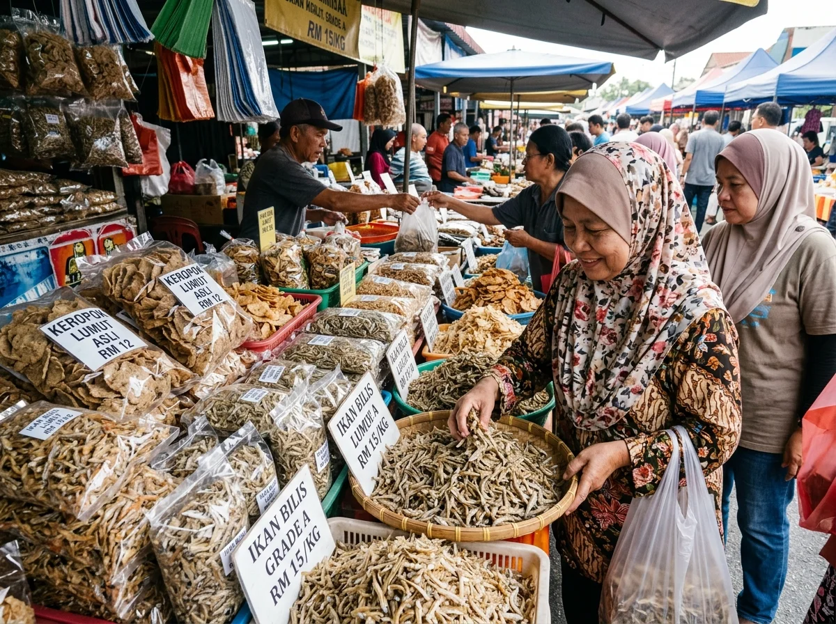 Hasil laut kering Lumut — ikan bilis dan keropok di gerai pasar