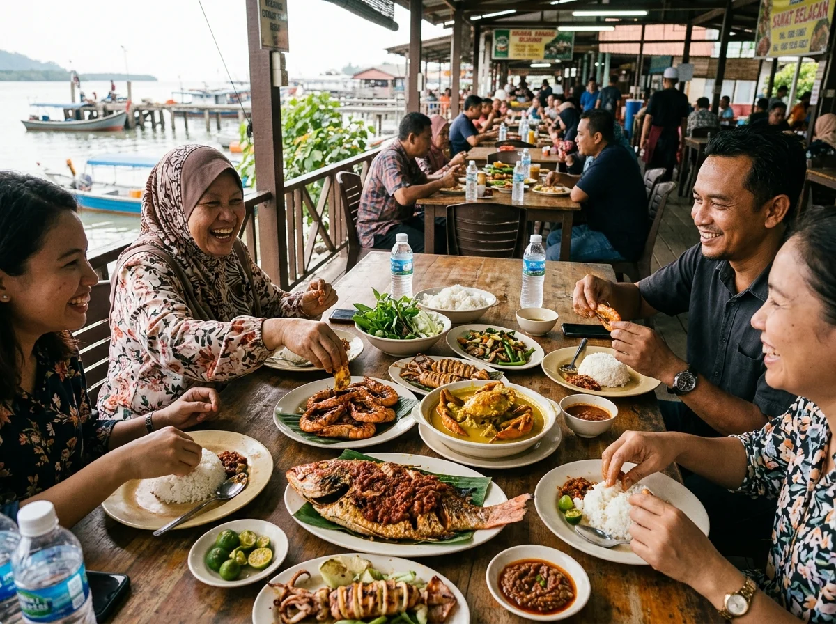 Hidangan makanan laut segar di Lumut — ikan bakar, udang dan sotong