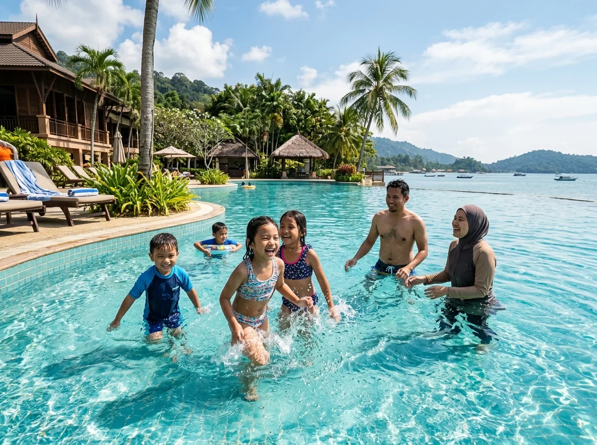 Kanak-kanak berenang di kolam resort di Lumut