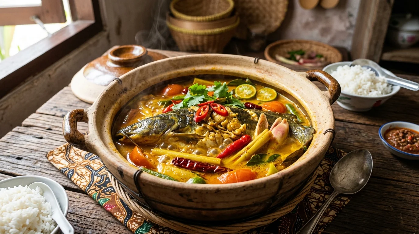 Ikan Baung Masak Asam Pedas — ikan baung dalam kuah asam pedas kuning dengan cili merah dan daun pandan di restoran tepi sungai