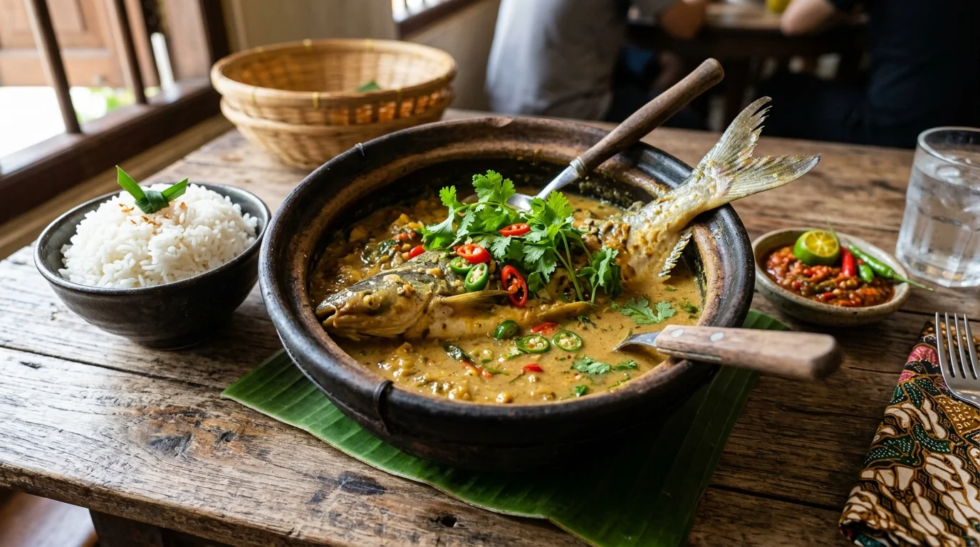 Gulai Tempoyak Ikan Patin — mangkuk kari ikan dengan tempoyak pekat bersama nasi putih di restoran tepi sungai Temerloh