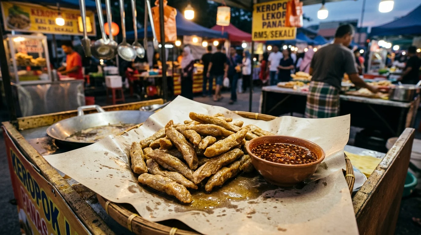 Keropok Lekor Temerloh — gorengan memanjang ikan berwarna keemas-emasan, baru digoreng dan panas, dihidangkan di kertas minyak