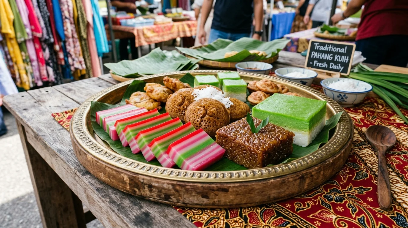Kuih tradisional Pahang — dulang penuh kuih lapis warna-warni, apam, wajik dan kuih talam di gerai Pekan Ahad Temerloh