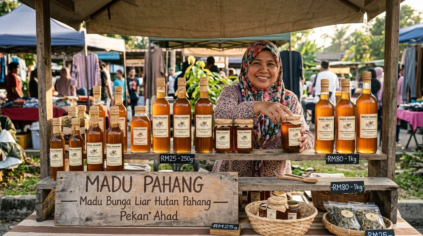 Madu Pahang — botol madu asli tempatan dengan latar hutan Pahang, penjual tempatan di Pekan Ahad Temerloh
