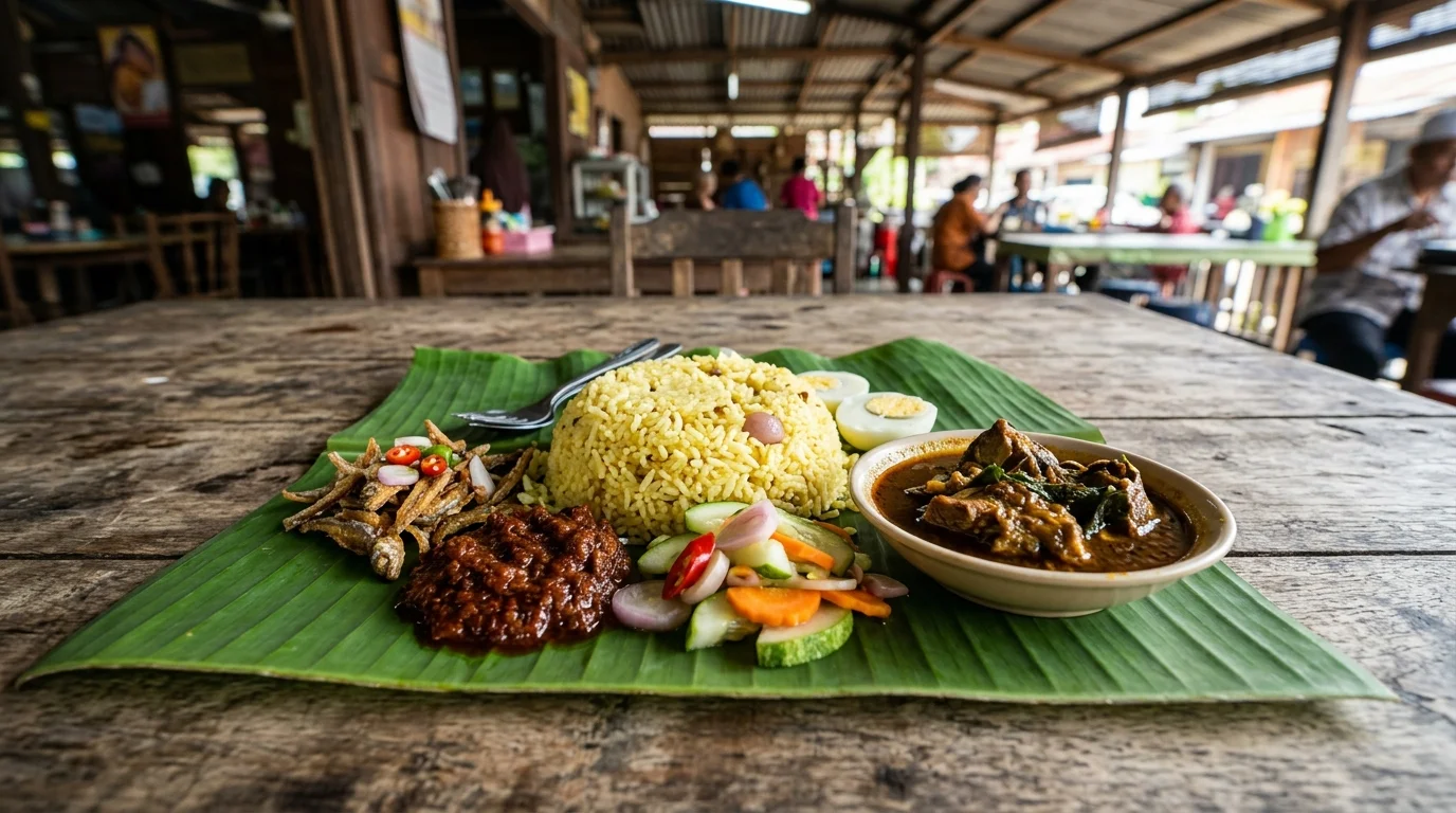 Nasi Dagang Pahang — nasi kuning santan dengan lauk ikan masin, sambal merah, dan kari ikan di atas daun pisang