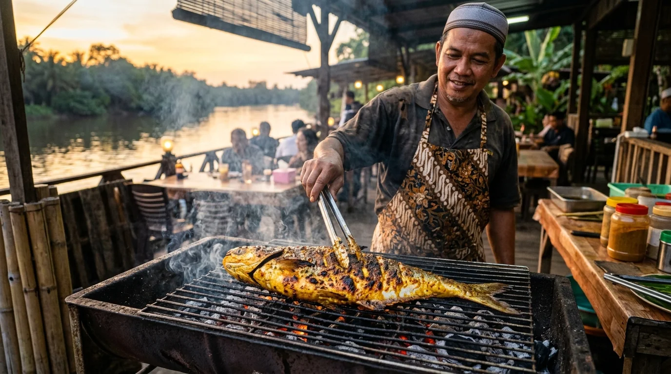 Ikan Patin Bakar — ikan utuh dibakar dengan rempah-ratus di atas arang, berasap dan berwarna keemasan