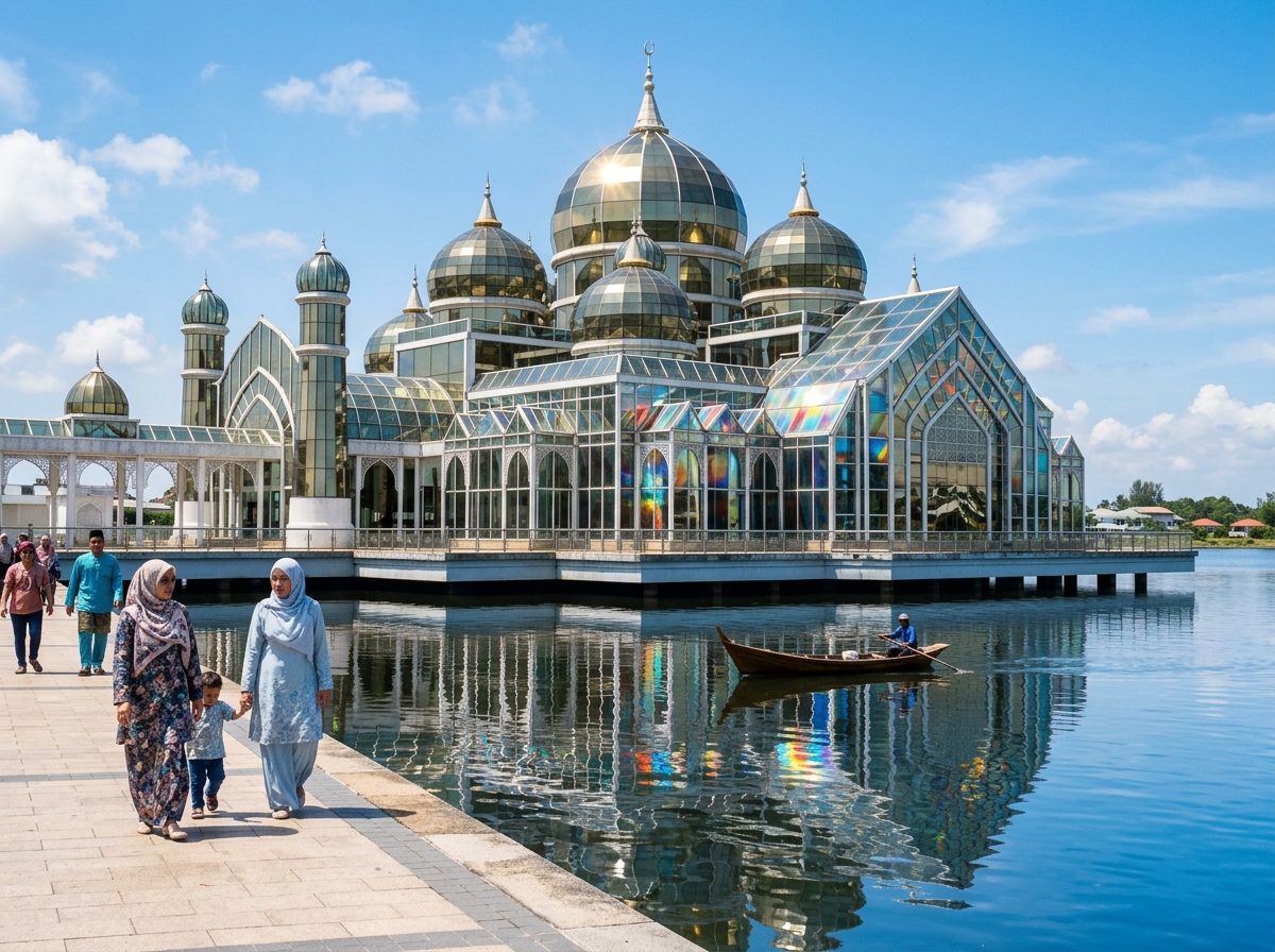 Masjid Kristal dengan kubah kaca di atas Pulau Wan Man