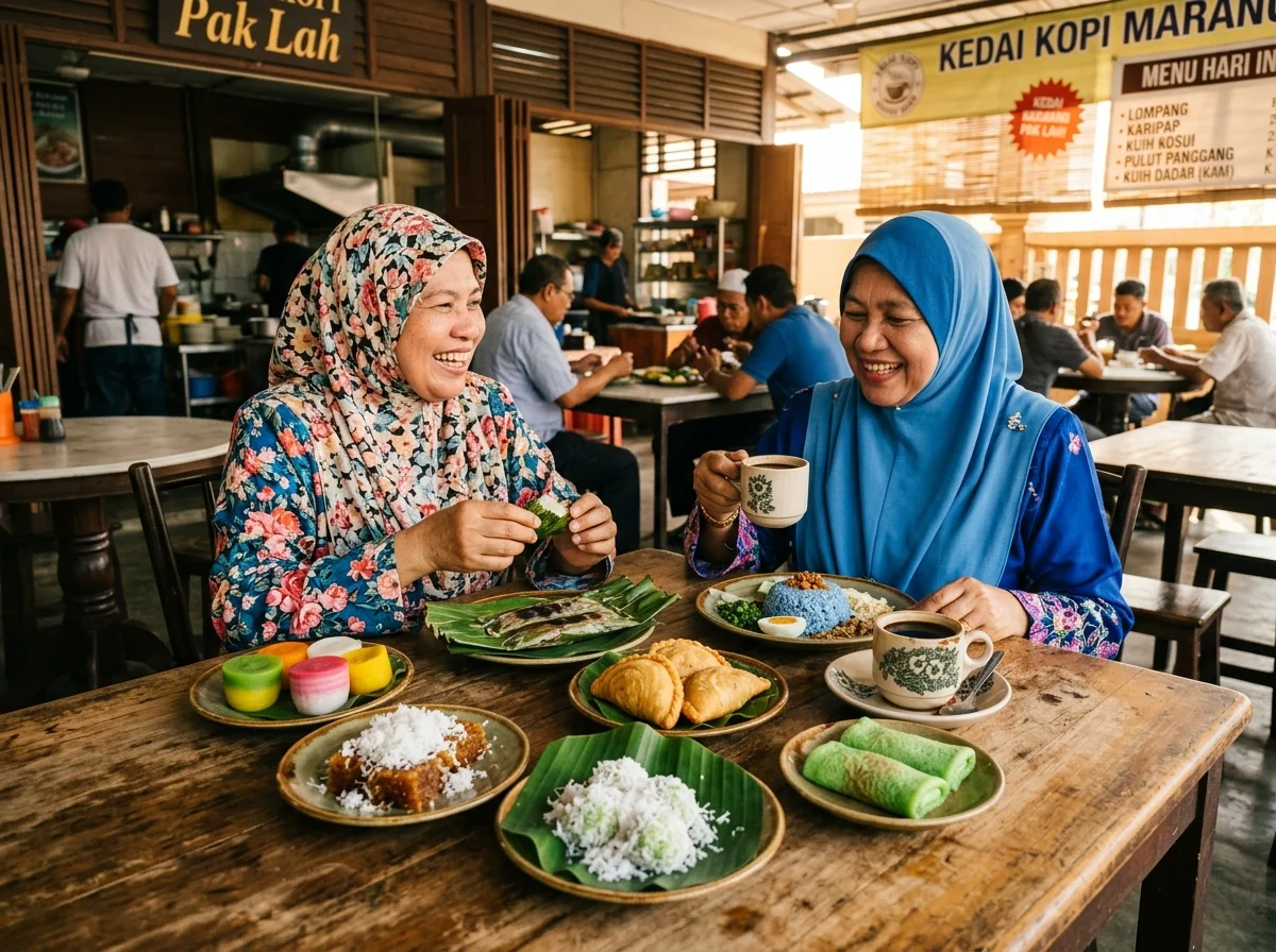 Kuih tradisional Terengganu dan kopi di kedai kopi Marang