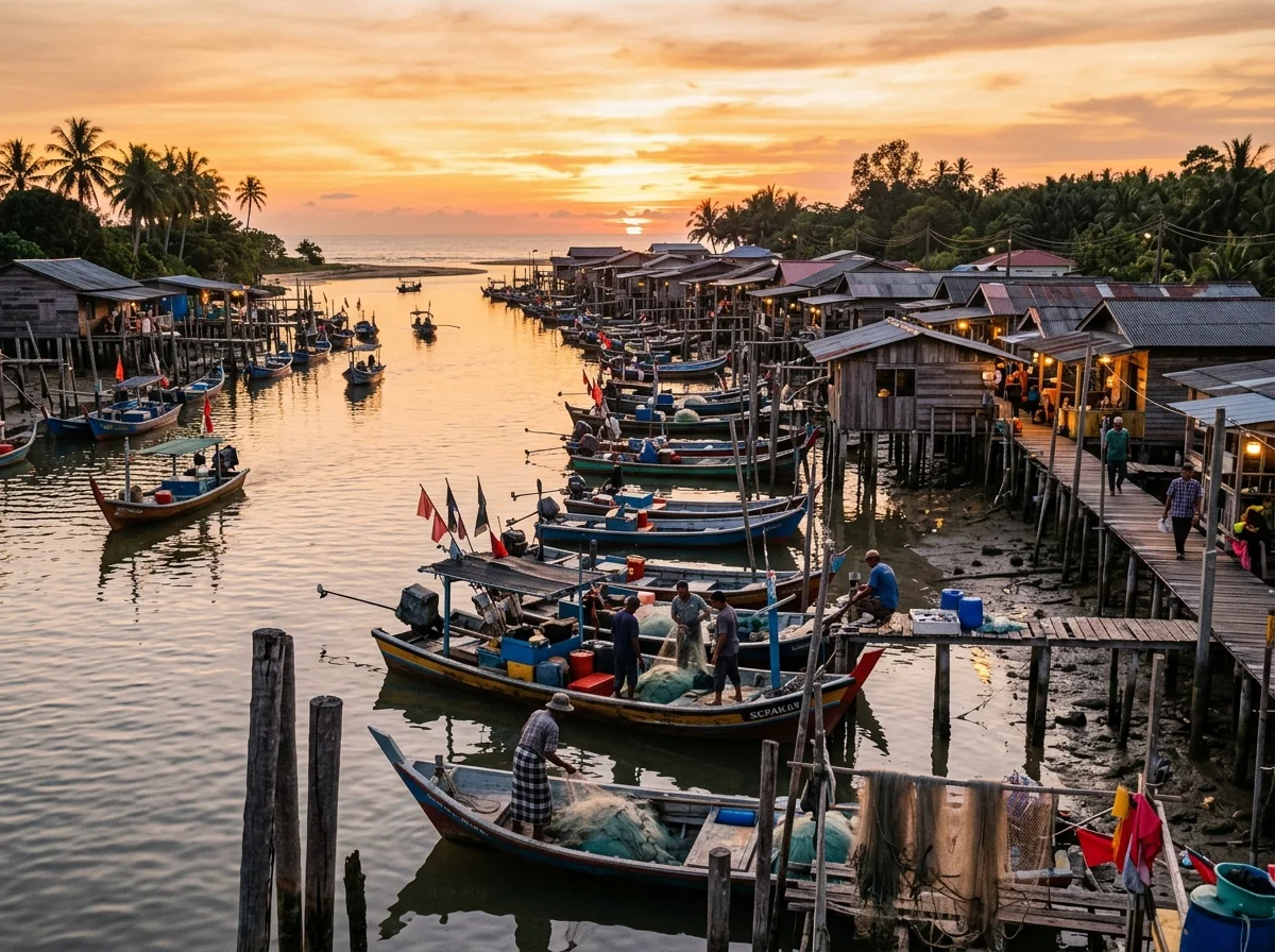 Kampung nelayan di muara Sungai Marang waktu senja