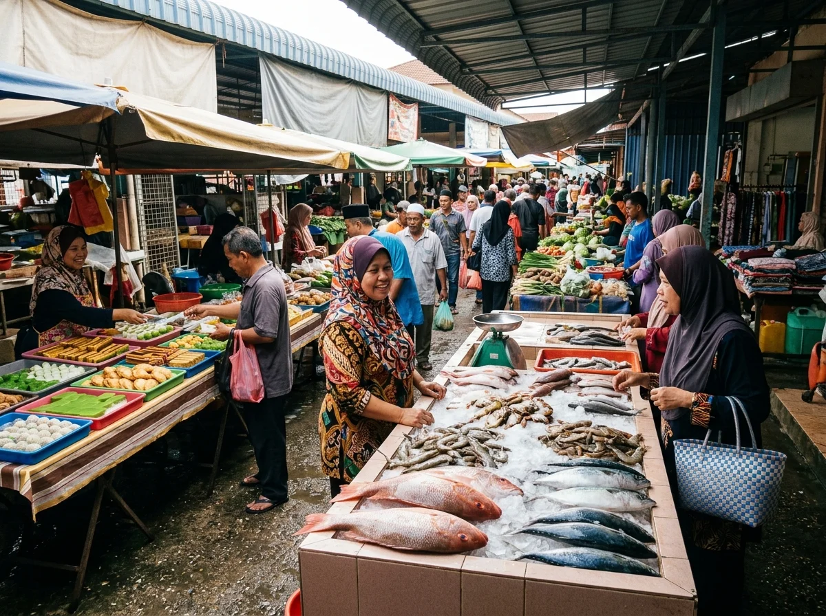 Makanan laut segar dan kuih tradisional di Pasar Marang