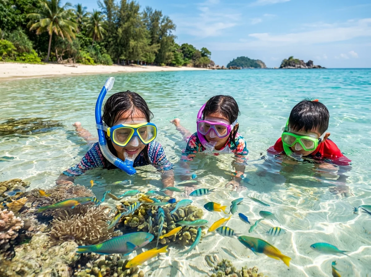 Kanak-kanak snorkeling air cetek di pulau Mersing