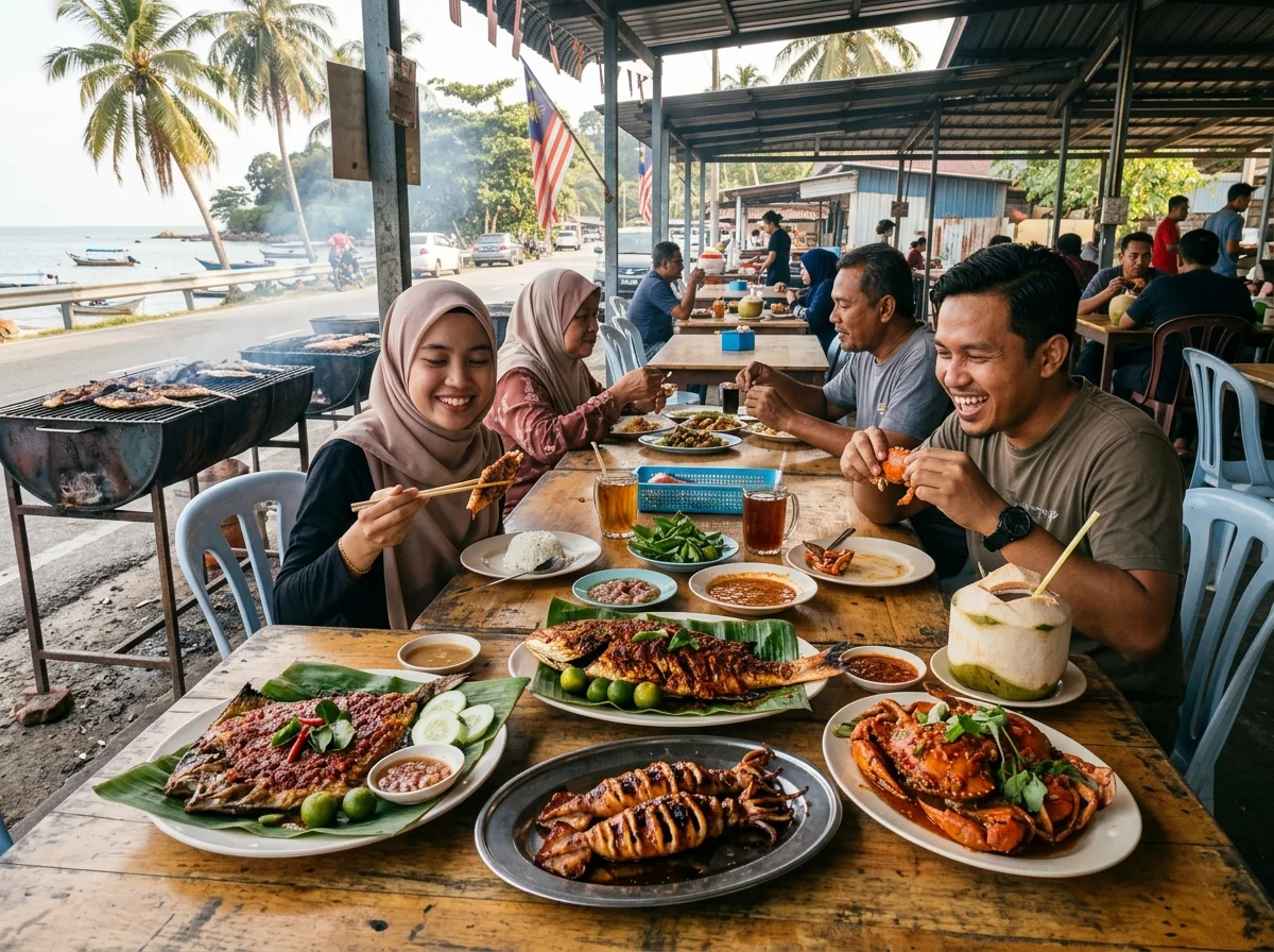 Hasil laut segar ikan bakar dan sotong di Mersing