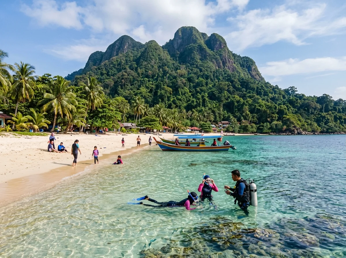 Puncak hijau Pulau Tinggi di belakang pantai