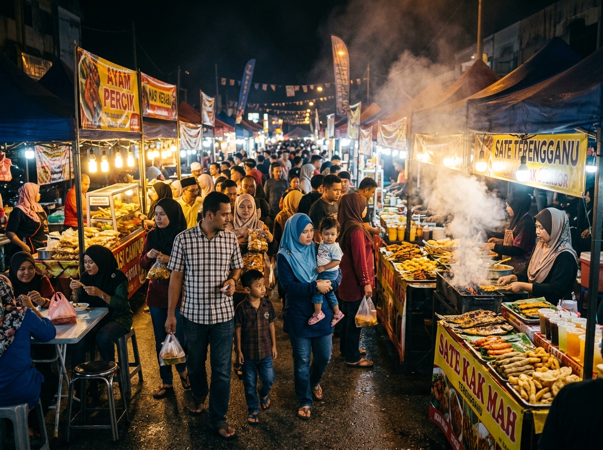Pasar malam dengan penjual makanan dan barang dagangan