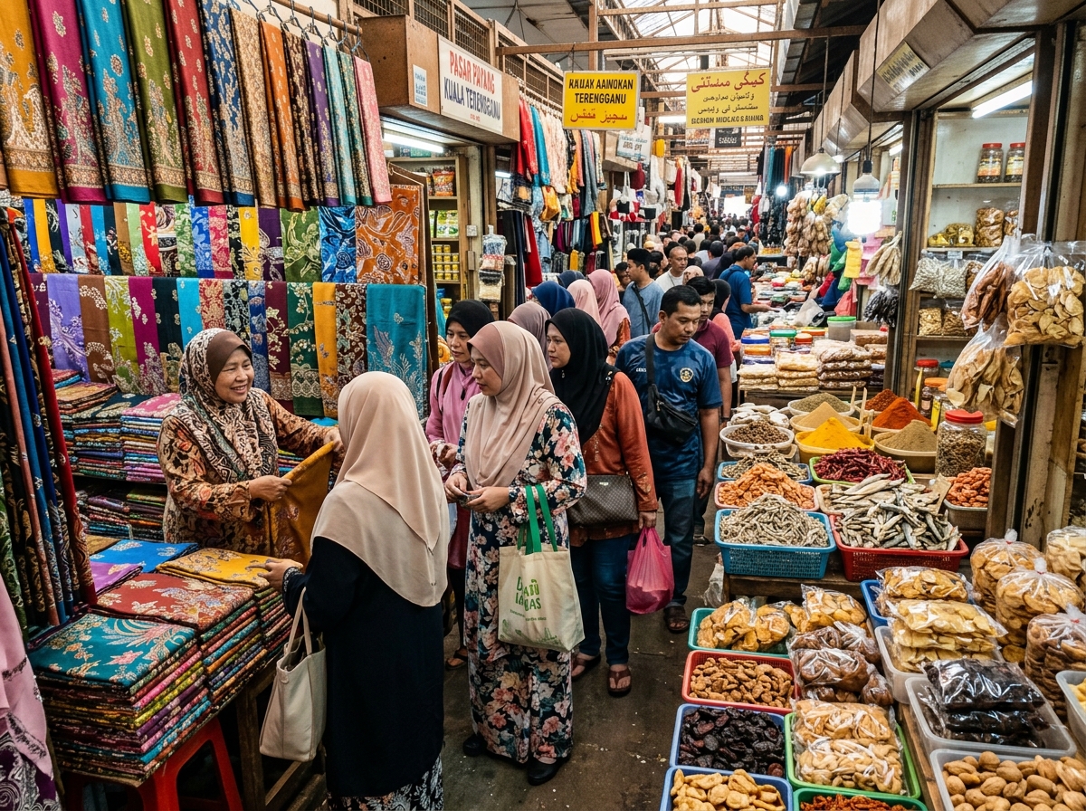 Pasar Payang tiga tingkat dengan pejual batik dan kerajinan tangan