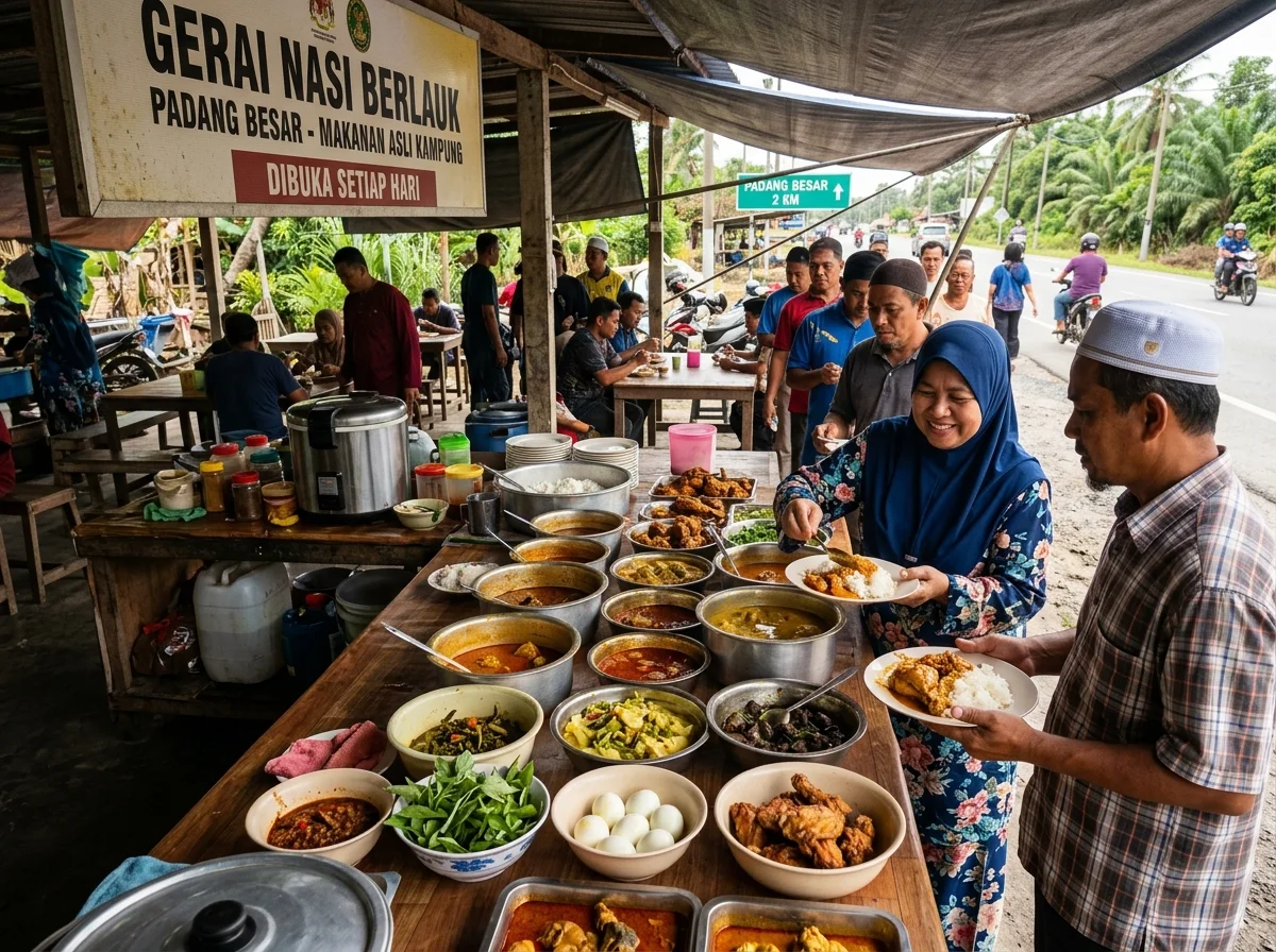 Gerai Melayu menghidangkan nasi berlauk berhampiran Padang Besar