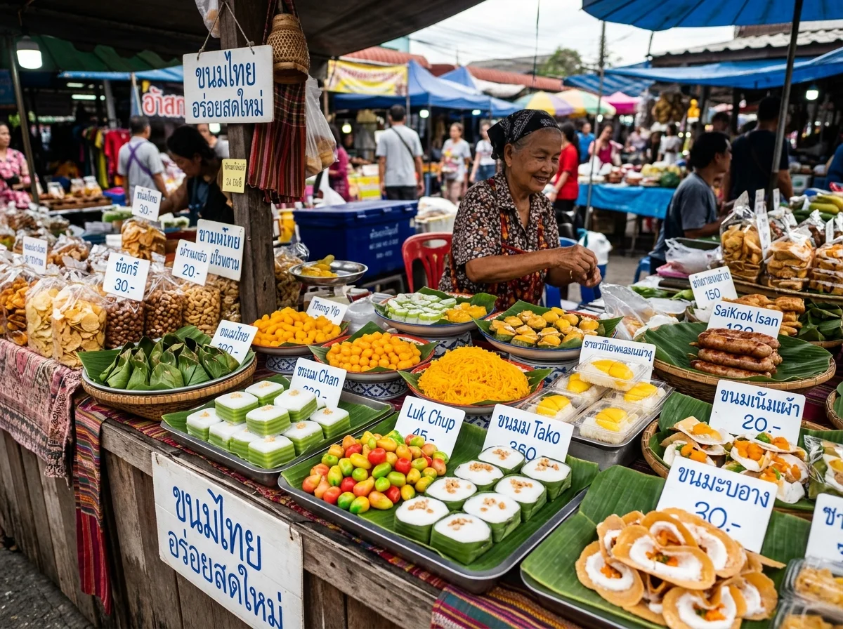 Pelbagai makanan ringan Thai di gerai Pekan Siam