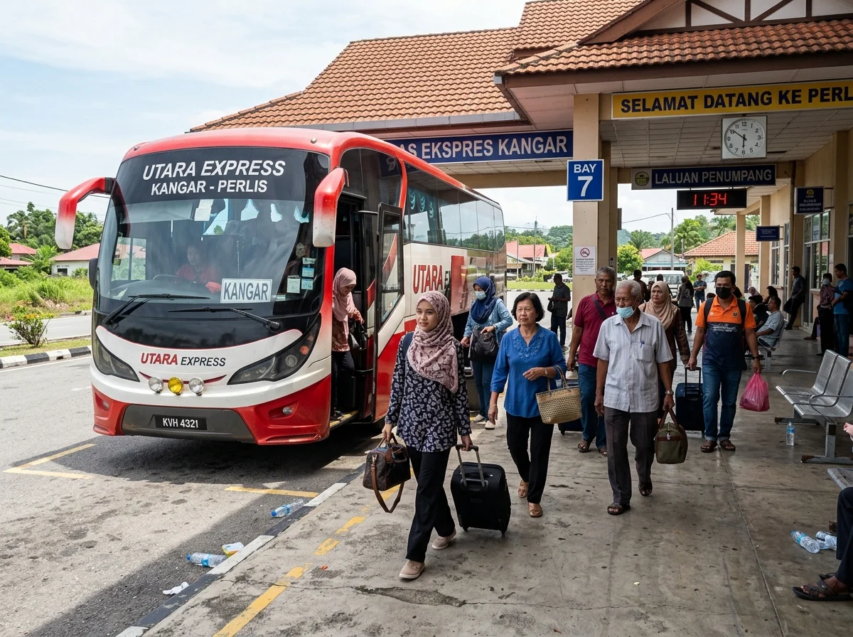 Bas ekspres tiba di terminal berhampiran Kangar, Perlis