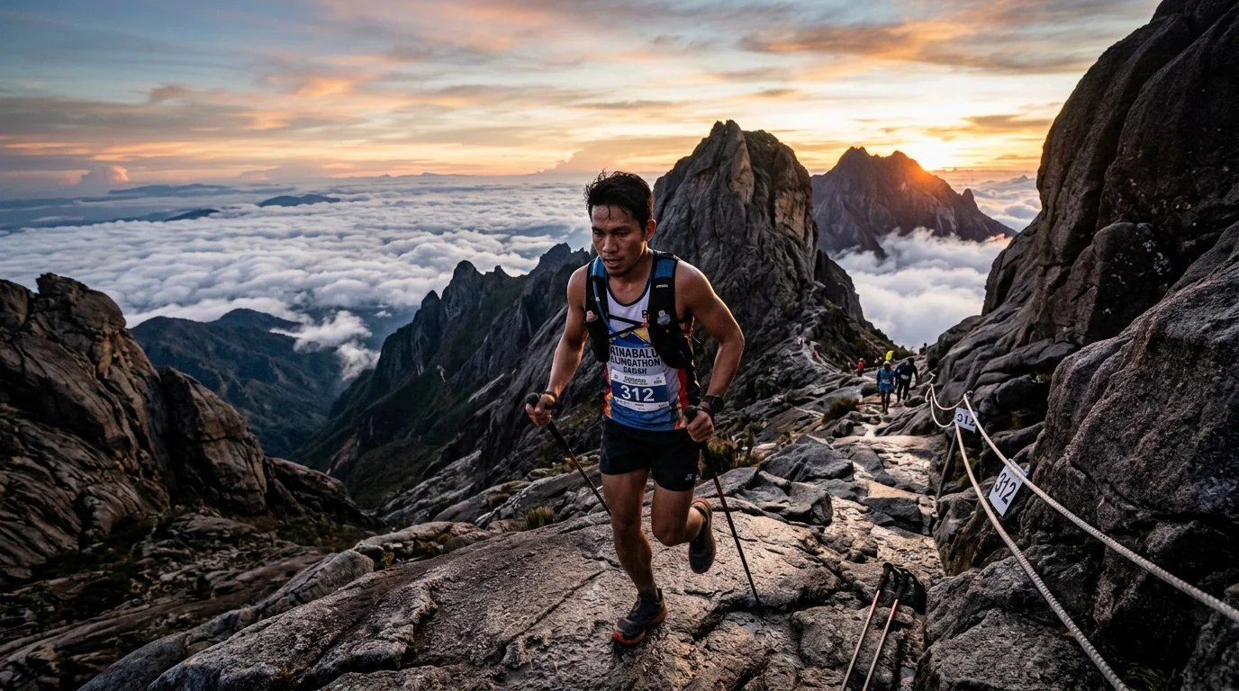 Atlit berlari menuruni Gunung Kinabalu dalam Mount Kinabalu International Climbathon Sabah