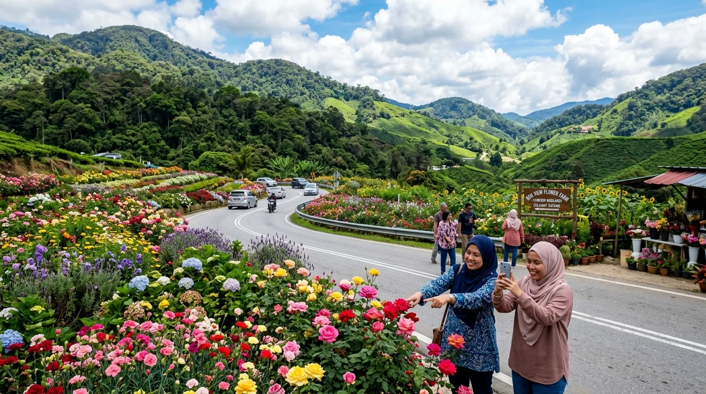 Kebun bunga tepi jalan Cameron Highlands — hamparan bunga berwarna-warni di sepanjang jalan highland Malaysia