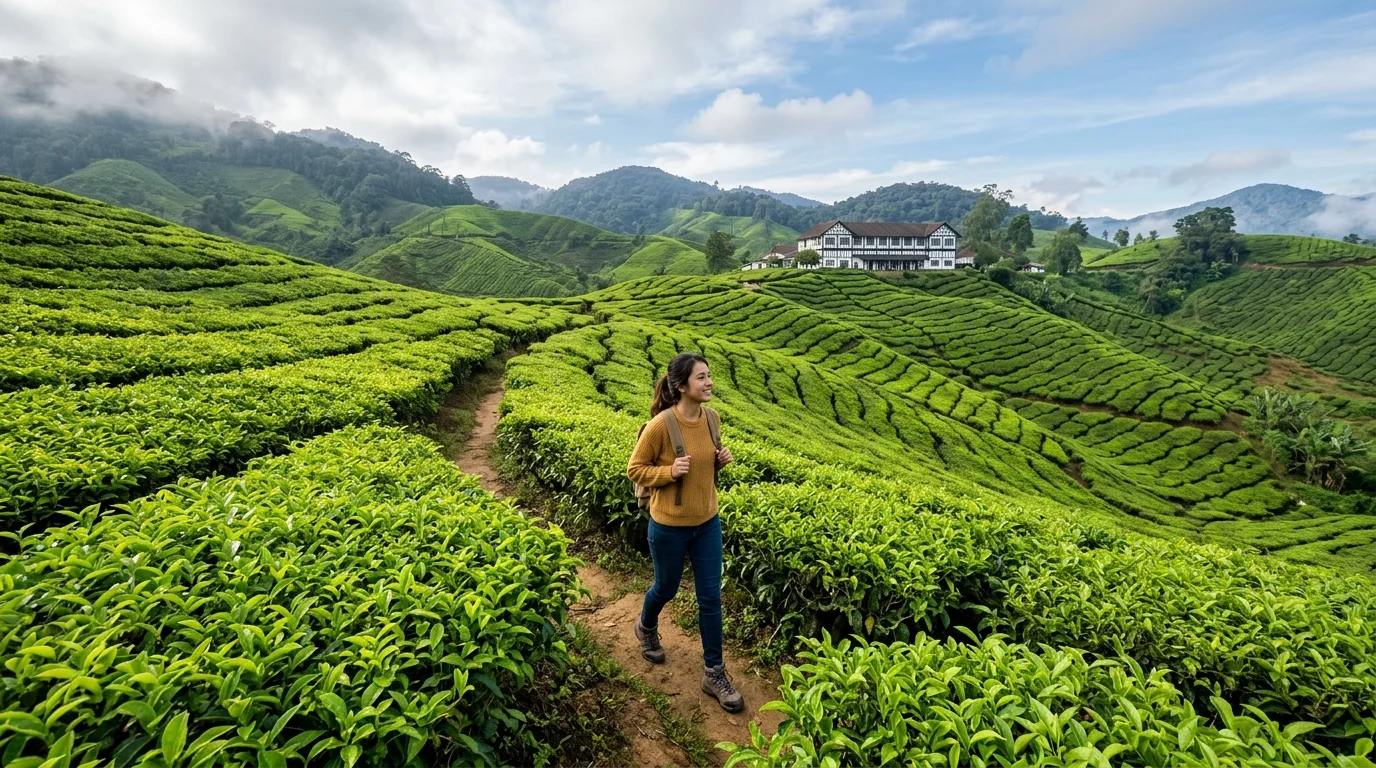 Ladang teh Boh Sungai Palas Cameron Highlands — pelancong Malaysia berjalan di antara pokok teh hijau