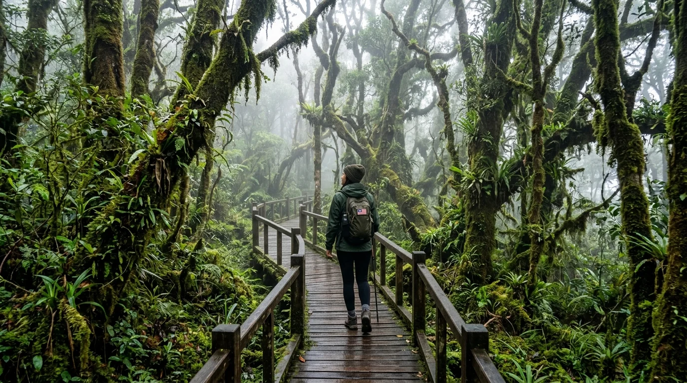 Mossy Forest Gunung Brinchang Cameron Highlands — pendaki Malaysia di laluan papan kayu melalui hutan berlumut