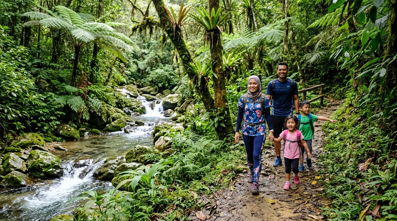 Trek Parit Falls Cameron Highlands — keluarga Malaysia dengan kanak-kanak di laluan hutan mudah menuju air terjun