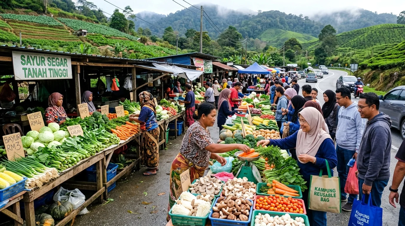 Gerai sayur-sayuran tepi jalan Cameron Highlands — pelanggan Malaysia memilih sayuran segar highland