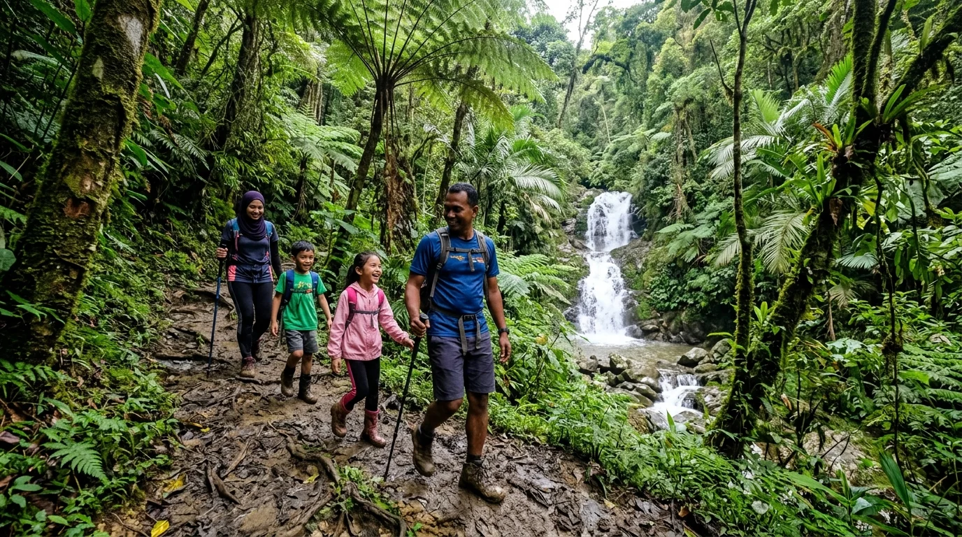 Trek hutan Robinson Falls Cameron Highlands — keluarga Malaysia mendaki melalui hutan hujan tropika highland