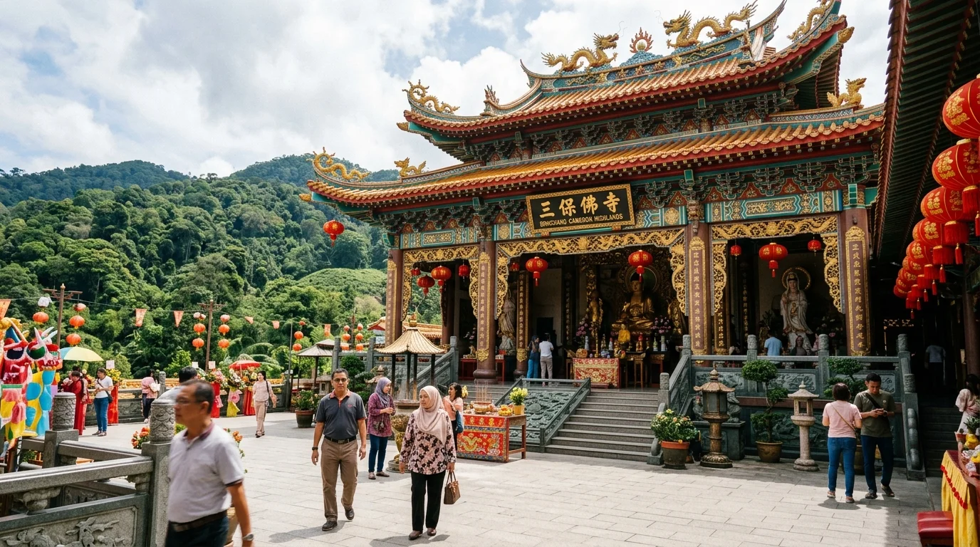 Sam Poh Temple Brinchang Cameron Highlands — kuil Buddha-Tao tradisional Cina dengan pelancong Malaysia
