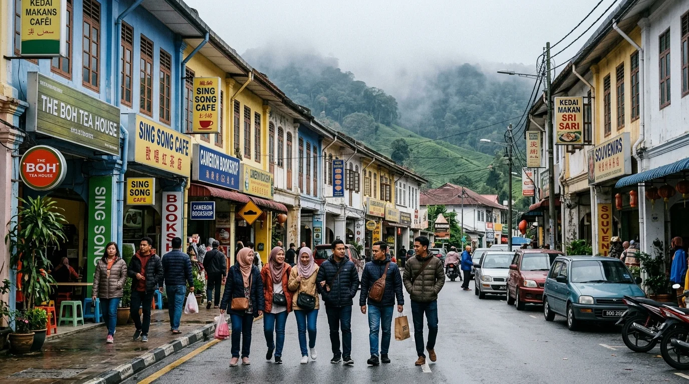 Bandar Tanah Rata Cameron Highlands — pelancong Malaysia berjalan di sepanjang jalan utama pekan highland kolonial