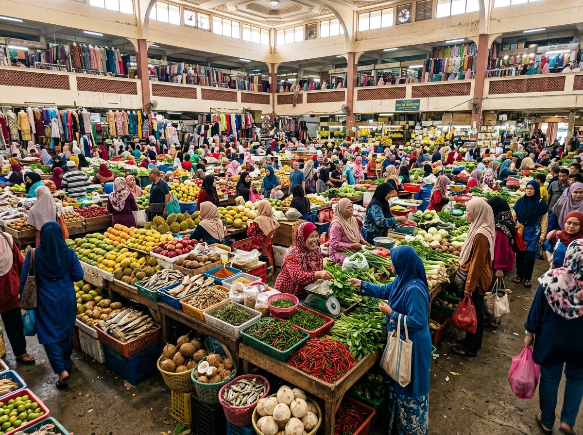 Penjual wanita berpakaian tradisional di Pasar Siti Khadijah yang berwarna-warni