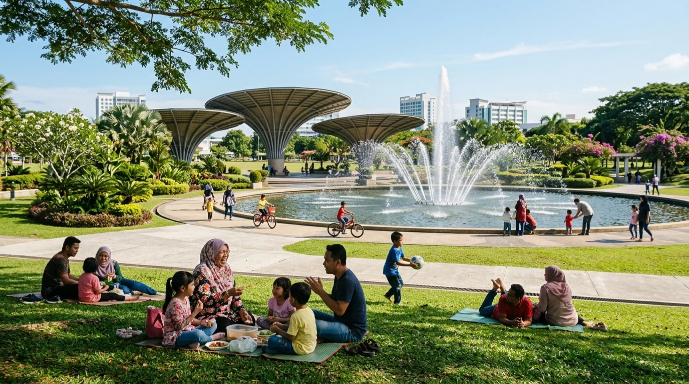 Taman rekreasi Miri City Fan dengan kolam dan ruang hijau