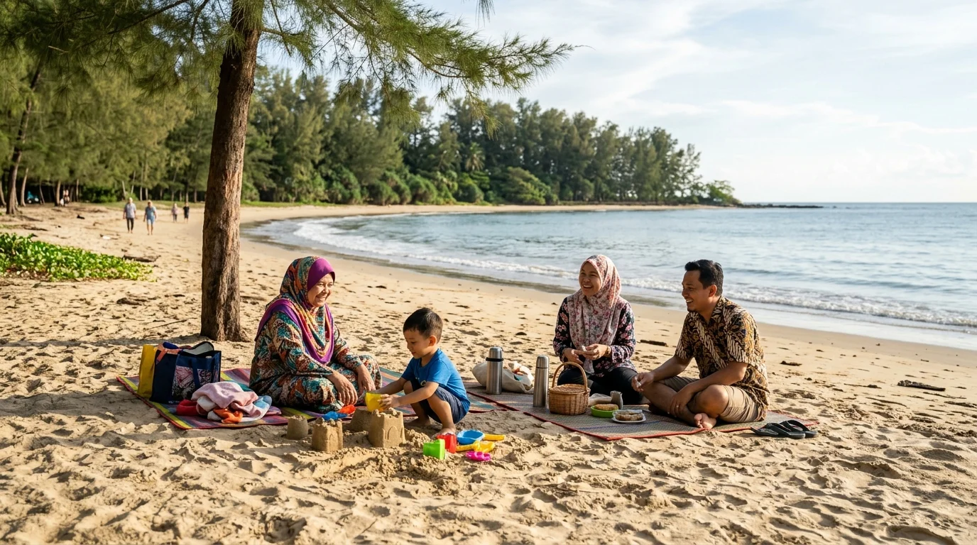 Pantai dan esplanade Luak Bay Miri yang tenang