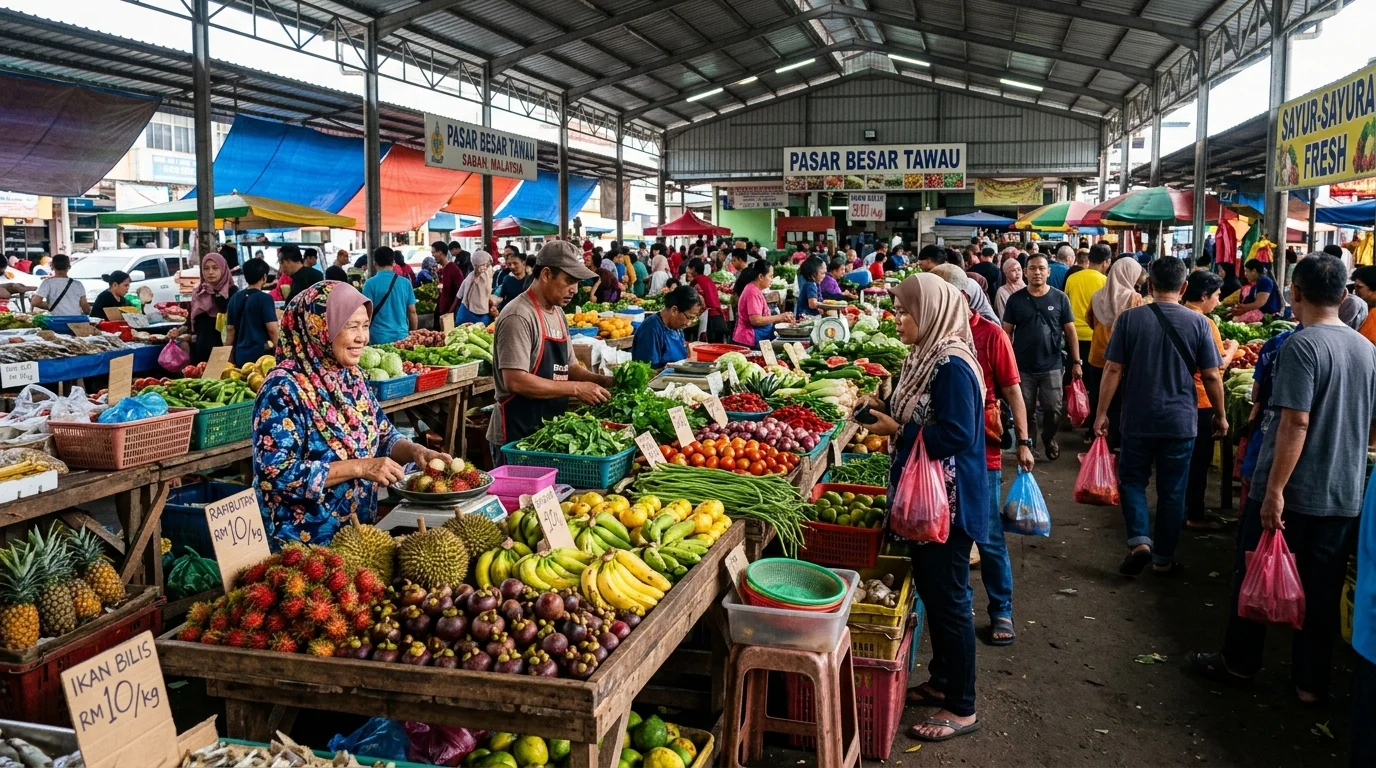 Pasar tamu Tawau pagi hari dengan pelbagai buah-buahan tropika