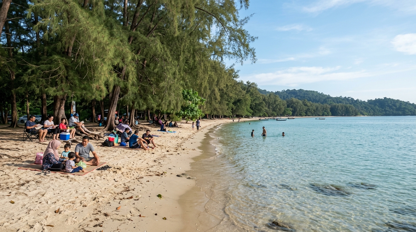Pelancong Malaysia berenang di Blue Lagoon Port Dickson — air jernih dan ombak tenang