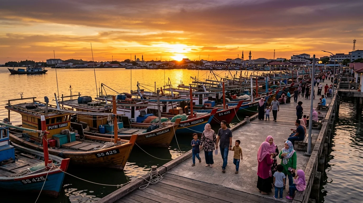 Tawau Waterfront dengan pelabuhan dan gerai seafood tepi jalan