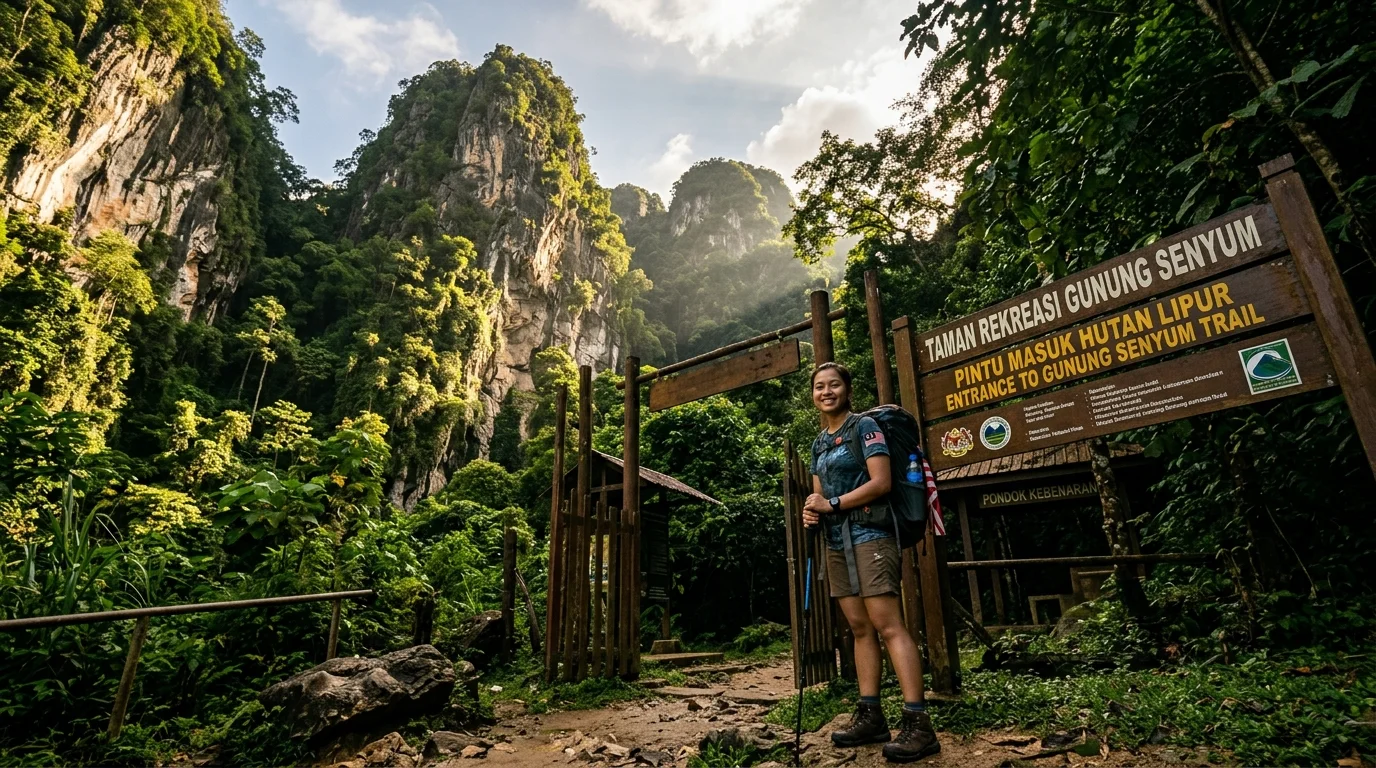 Jalan setapak hijau menuju Gunung Senyum dengan pemandangan hutan dan lembah