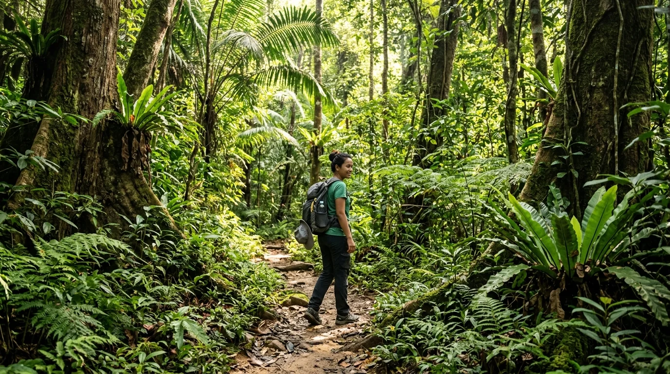 Jalan setapak yang rindang melalui hutan bandar dengan pokok-pokok tinggi dan cahaya yang menyaring