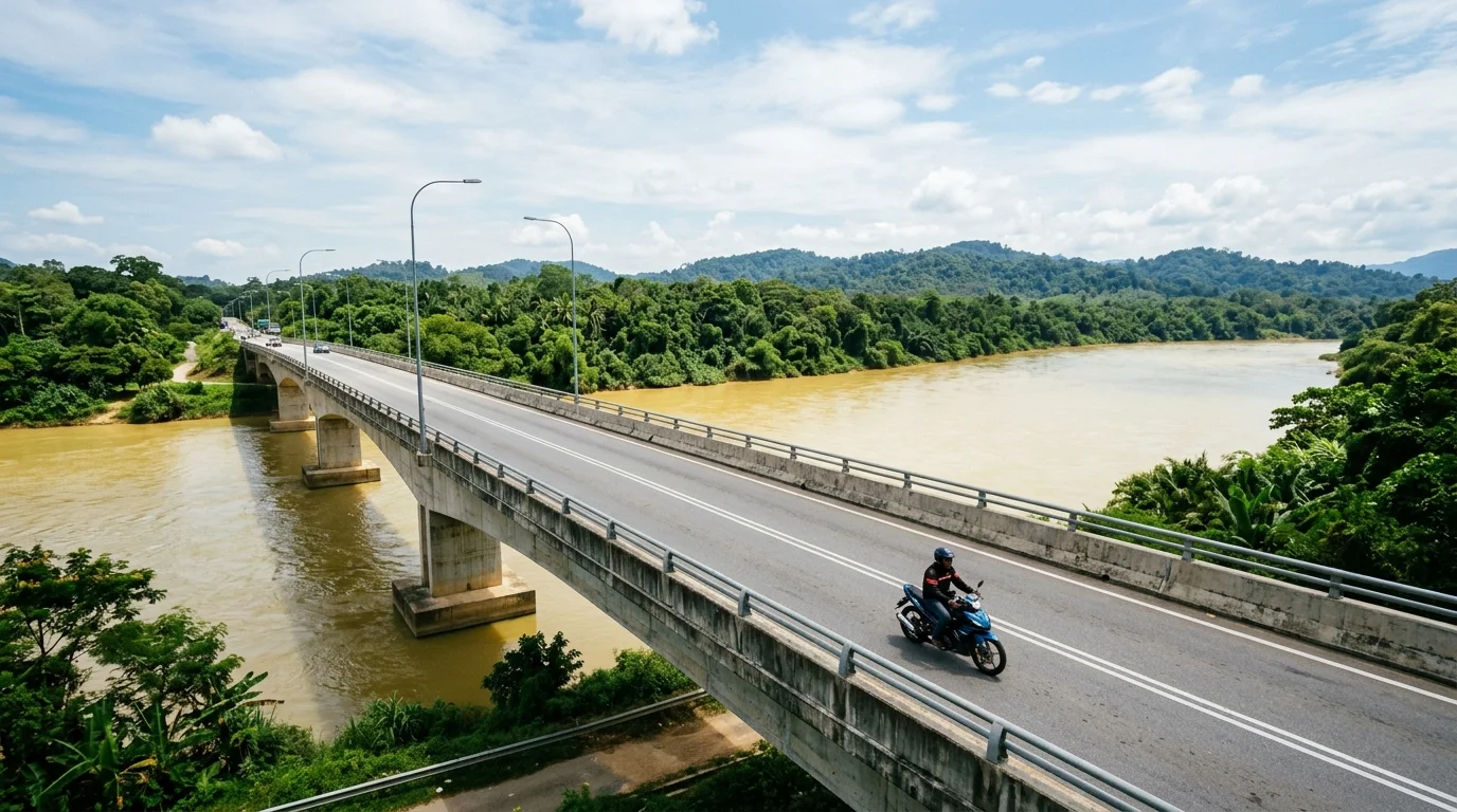 Jambatan Temerloh yang memanjang merentasi Sungai Pahang dengan pemandangan bandar dan pedalaman