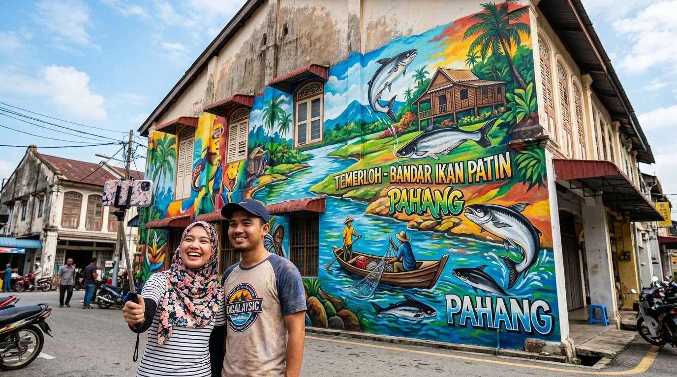 Mural seni warna-warni menggambarkan ikan patin, budaya tempatan, dan kehidupan sungai Temerloh