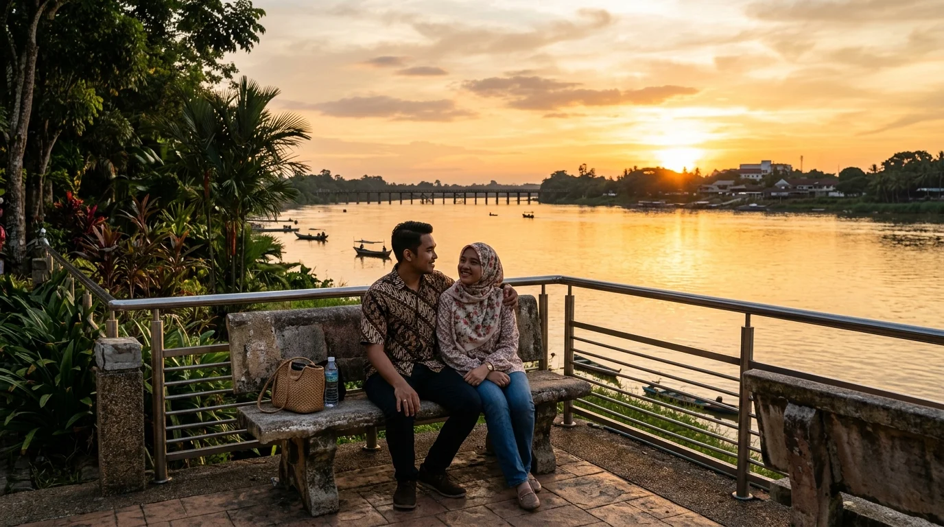 Pemandangan emas petang di Sungai Pahang dengan pohon-pohon rindang di tepi