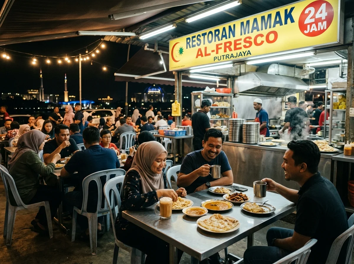 Restoran mamak 24 jam dengan roti canai dan teh tarik di Putrajaya