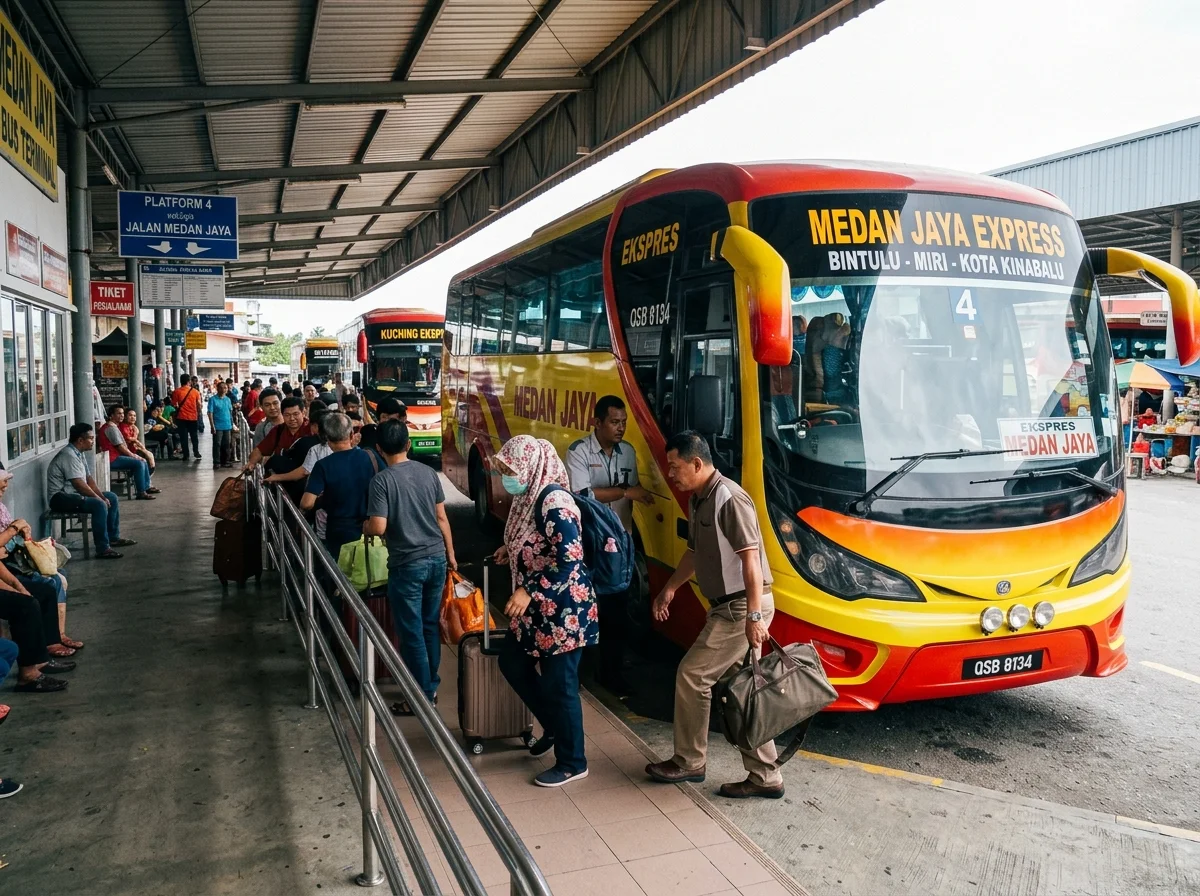 Bas ekspres di terminal bas Medan Jaya Bintulu