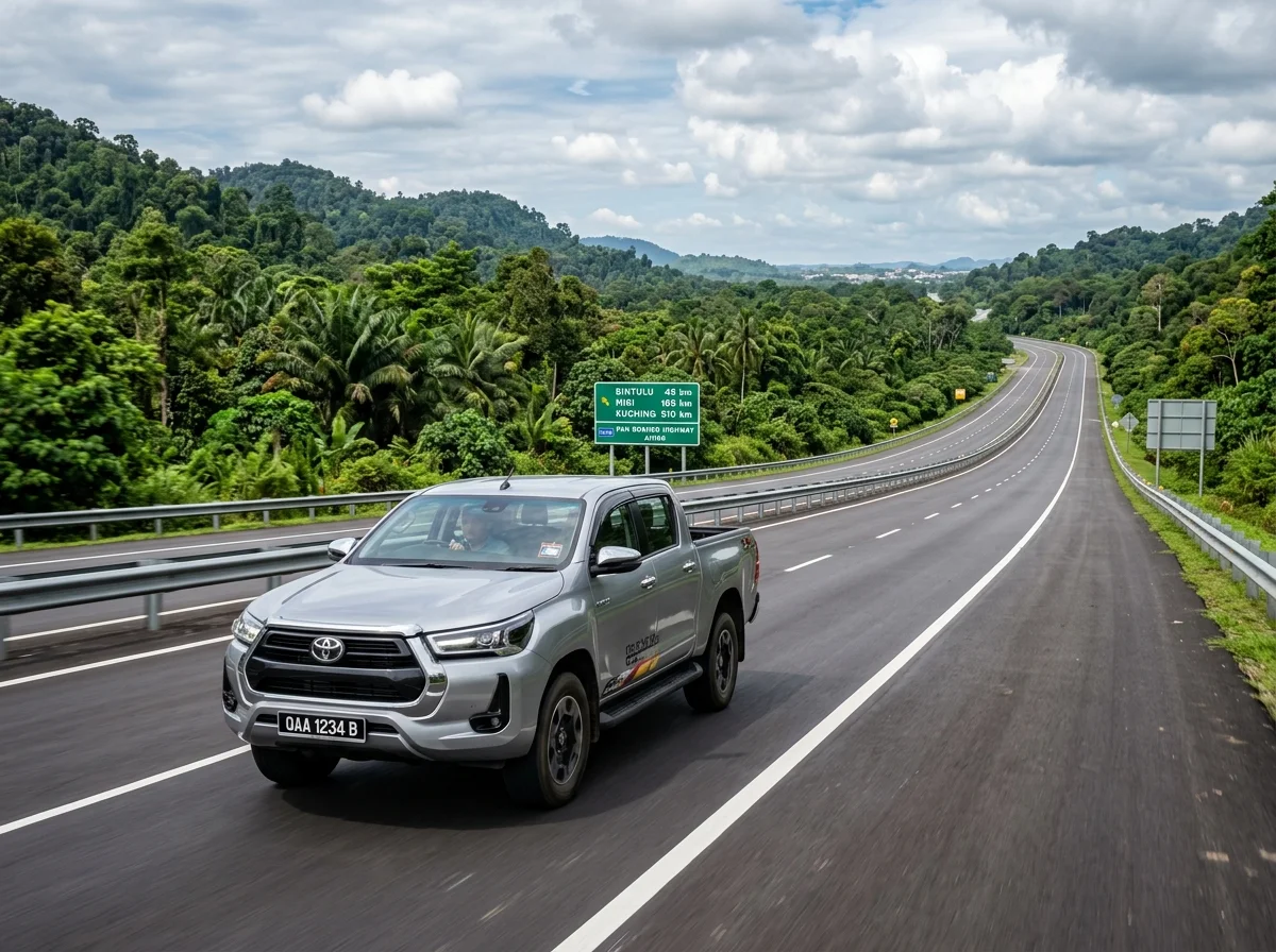 Kereta memandu di Lebuhraya Pan Borneo menuju Bintulu