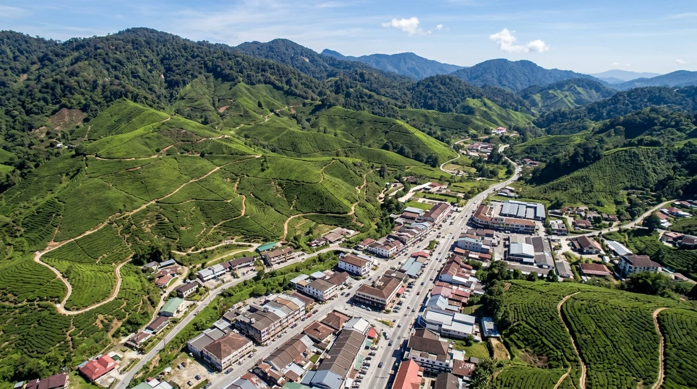 Pemandangan aerial Cameron Highlands — bandar Tanah Rata dan ladang teh hijau